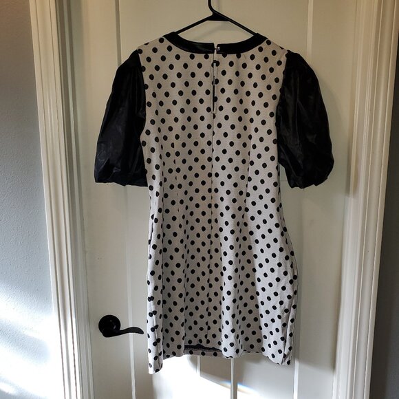 New York & Co. Black Polka Dot Print-Faux Leather Sleeves Shift Dress-Sz Large - Picture 5 of 8